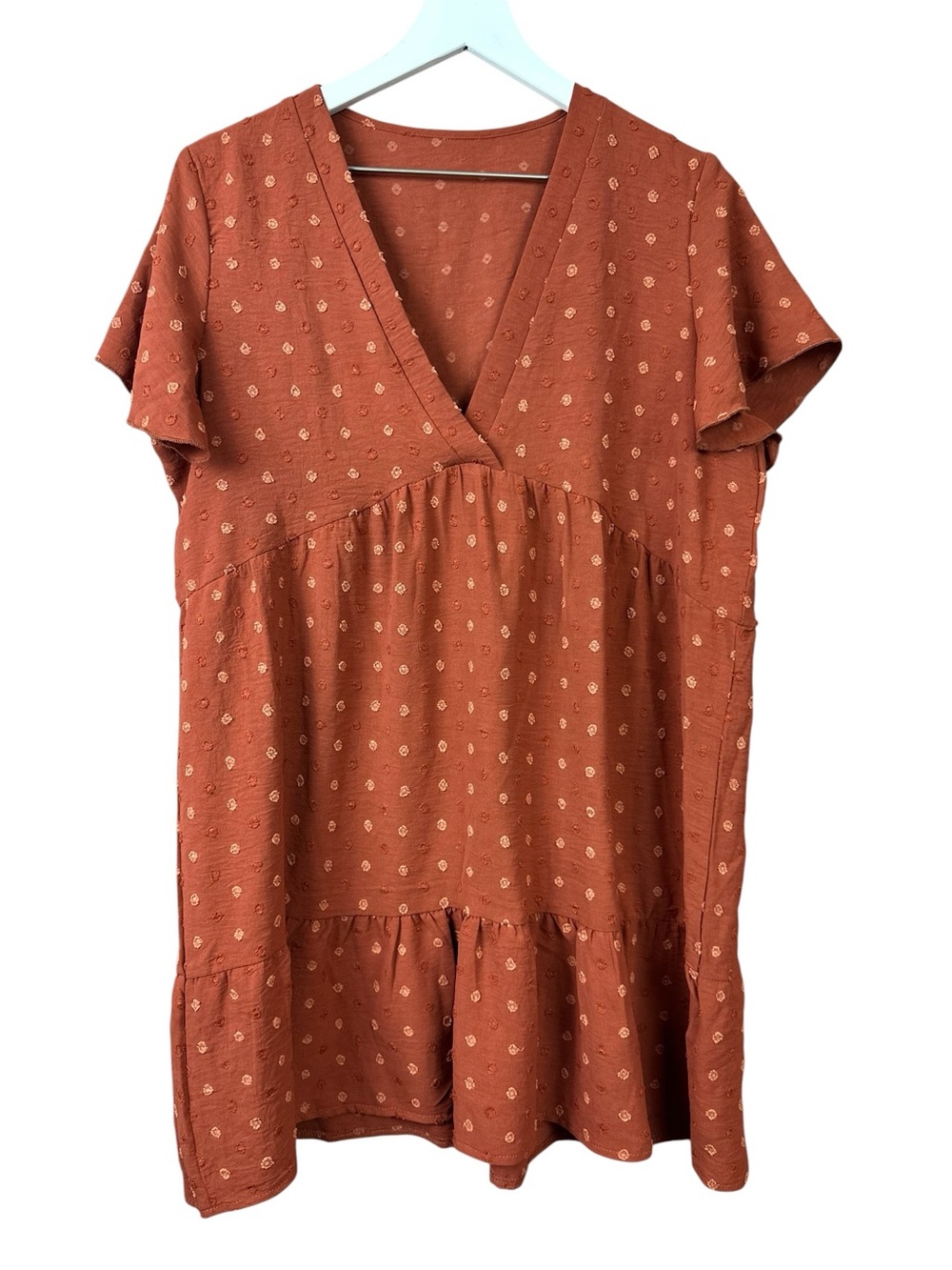 Salanta Rust Orange Swiss Dot V Neck Short Sleeve Shift Dress Women Sz L